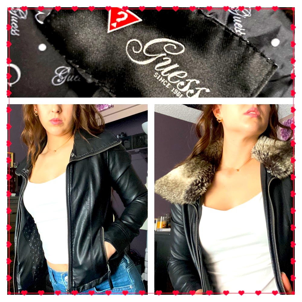 Guess Black Leather Jacket Removable Fur Collar